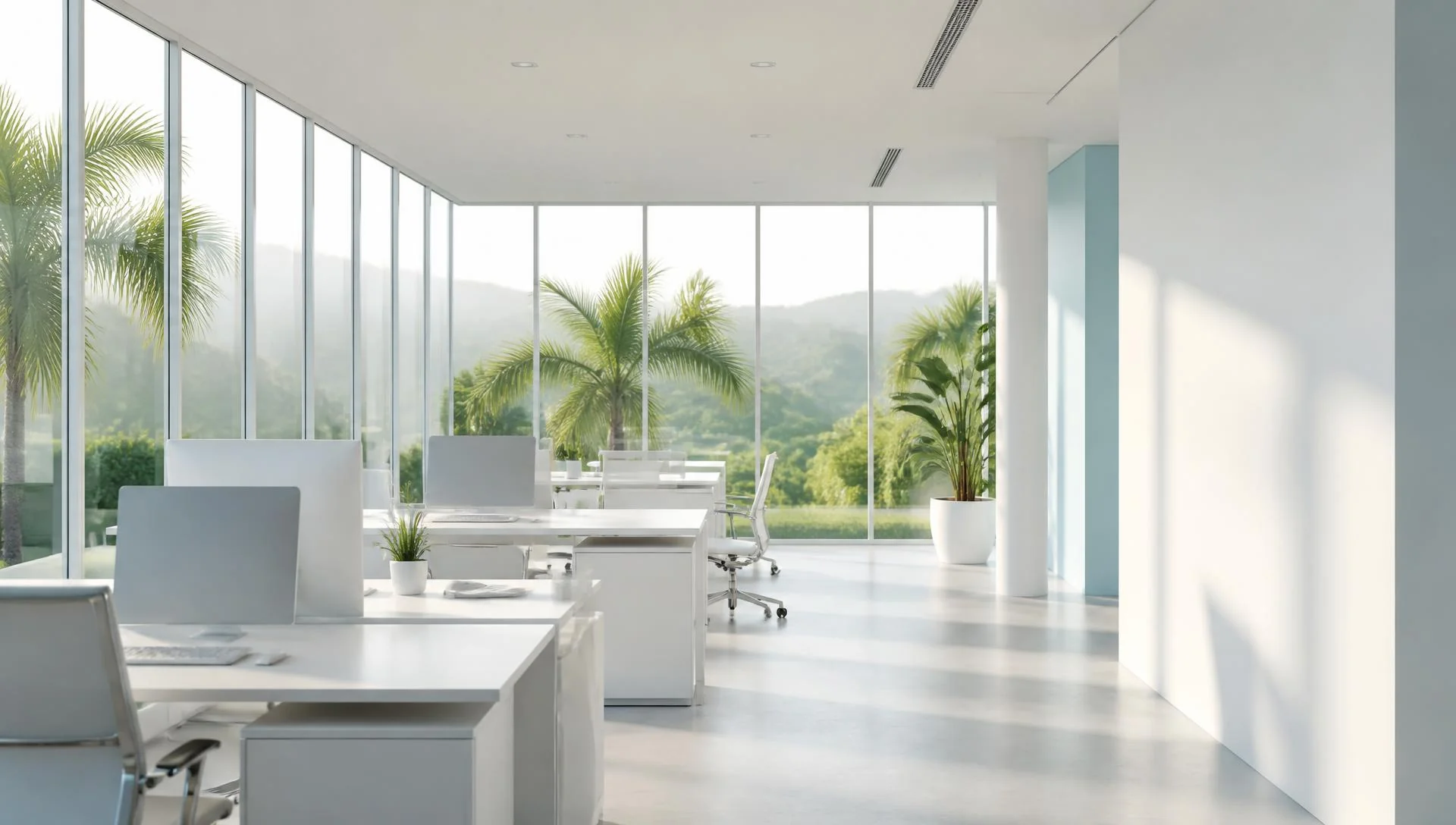 Interior kantor konsultan perizinan dengan cahaya pagi